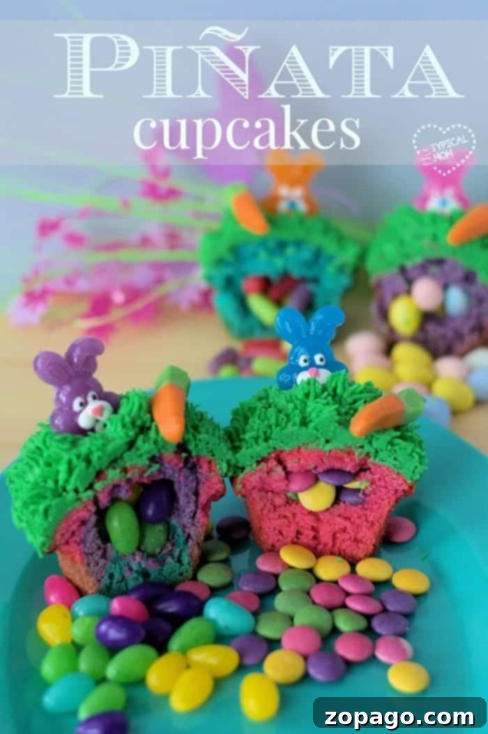Hidden Delight Cupcakes 2 Vibrant Surprise Inside Cupcakes with bunny and carrot decorations, revealing a colorful candy filling. Perfect for Easter or any festive occasion.