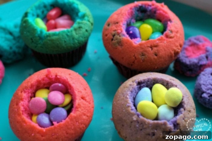 Hidden Delight Cupcakes 3 Brightly colored cupcake batter in a muffin tin, ready for baking. The cupcakes are nestled in vivid Wilton cupcake wrappers.