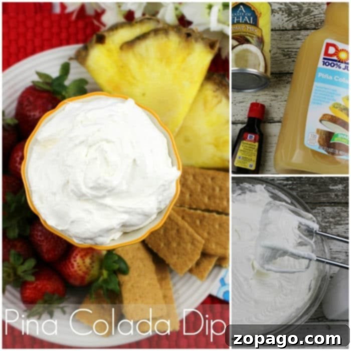 Creamy Pineapple Delight Dip 5 A beautifully presented Pina Colada dip, surrounded by fresh pineapple, whole strawberries, and golden graham crackers on a rustic serving plate. The dip itself is smooth and creamy, inviting a taste of its tropical coconut and pineapple flavors. Ingredients like crushed pineapple, a can of coconut milk, and a bottle of coconut extract are subtly placed in the background, hinting at the simple goodness within this homemade delight.