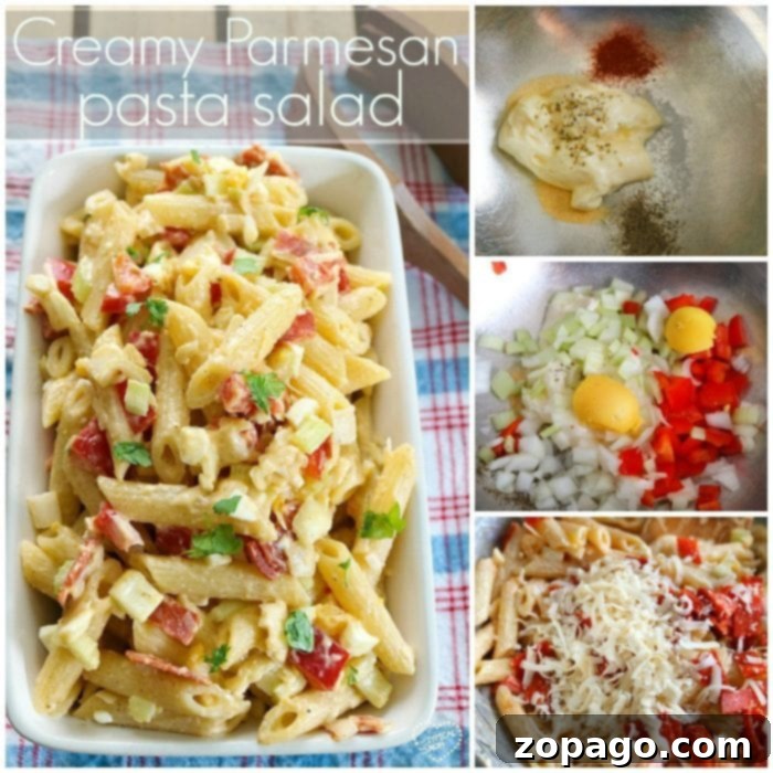 Creamy pasta salad that's a great side dish for any bbq or potluck. Simple creamy parmesan pasta salad recipe you can load up with anything. #pasta #salad #easy #creamy Collage of steps for making creamy pasta salad: mixing dressing, adding vegetables, combining with pasta and eggs, and final dish topped with cheese.