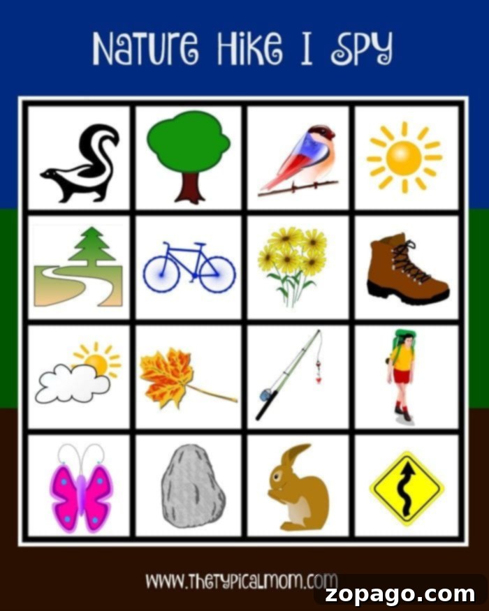 Engage children on trails with a free Nature Hike I Spy printable, making hiking an exciting scavenger hunt for the whole family. Kids enjoying a nature hike with an I Spy printable sheet, perfect for a fun outdoor scavenger hunt activity.