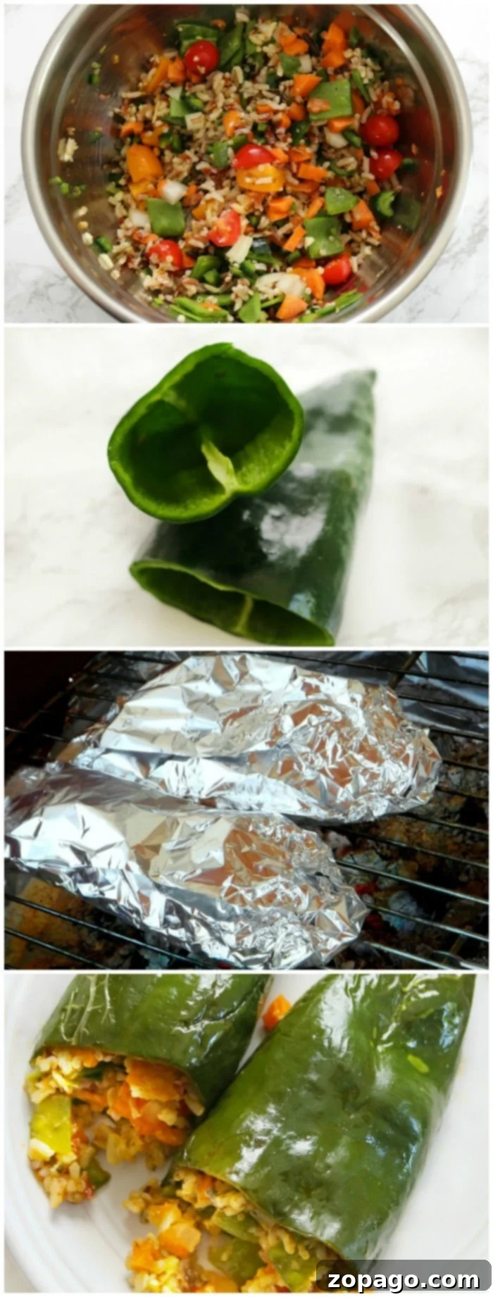Foil packet grilled stuffed peppers on the barbecue or for a campfire if you're camping! Easy vegetarian dinner stuffed with lots of vegetables and can be made with ground beef as well for a heartier meal. No matter how you cook them, these grilled peppers are amazing. #camping #recipes #peppers #grilled #foilpacket #foil #stuffed Stacked foil packet grilled stuffed peppers on a rustic surface