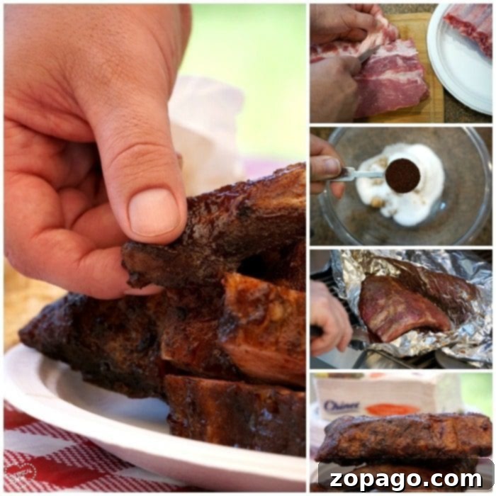 Learn how to season, wrap, and grill for fall-off-the-bone ribs with our simple barbecue ribs recipe. A visual guide showing the steps for preparing barbecue ribs: seasoning with dry rub, wrapping in foil, and serving tender, cooked ribs.