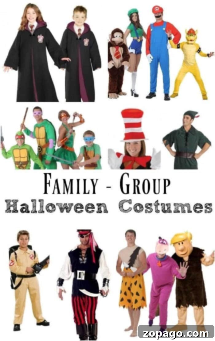 Creative Group Halloween Costumes for Families and Friends Family and friends dressed in various group Halloween costumes, showcasing creative themes.