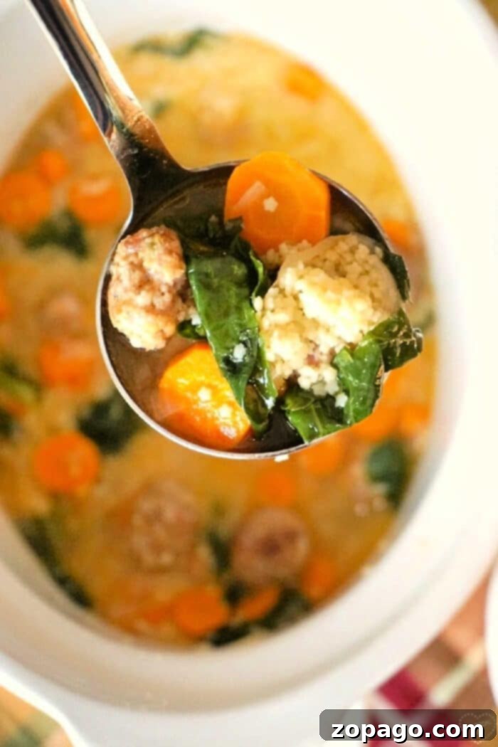 Easy Crockpot Italian Wedding Soup 2 A vibrant bowl of Crockpot Italian wedding soup with homemade meatballs, carrots, and escarole, ready to be served.