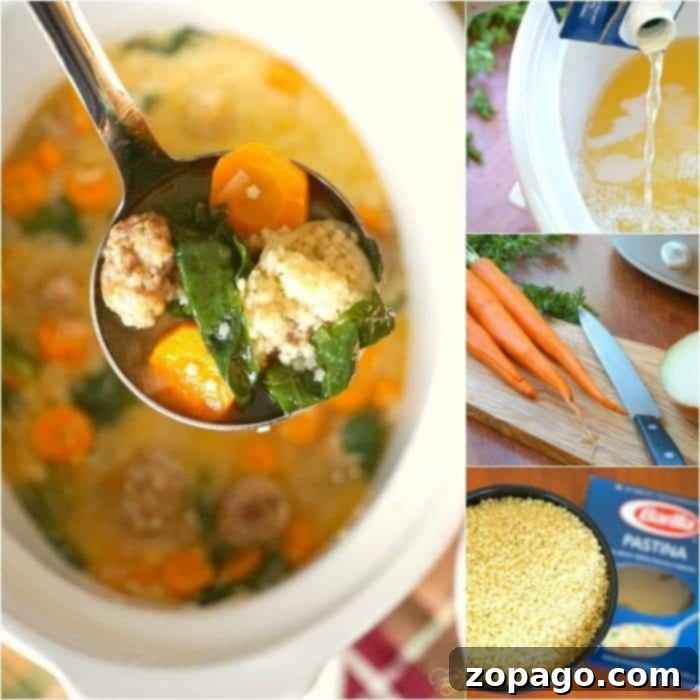 Easy Crockpot Italian Wedding Soup 9 A hearty ladleful of Crockpot Italian wedding soup, brimming with juicy meatballs, bright carrots, and fresh escarole, being served into a bowl.