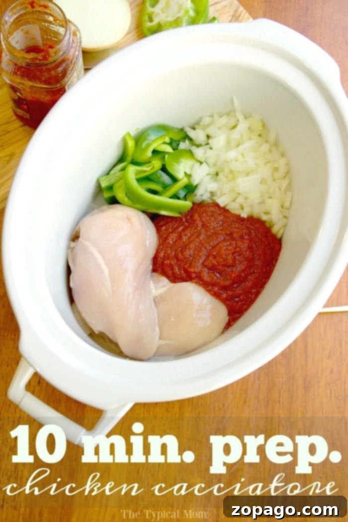The easiest Crockpot chicken cacciatore recipe ever! Just 10 min prep for a healthy slow cooker dinner over rice. Flavorful Crockpot chicken cacciatore, made easy with jar sauce and tender chicken, served over rice for a healthy family dinner.