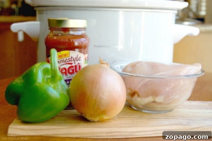 Rustic Slow Cooker Chicken Cacciatore 3 Slow cooker chicken cacciatore with jar sauce, cooked to perfection for an easy and healthy dinner.