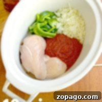 Rustic Slow Cooker Chicken Cacciatore 5 Crockpot chicken cacciatore with raw chicken, sliced green peppers, chopped onions, and sauce; 10 min. prep for a flavorful slow-cooked delight.