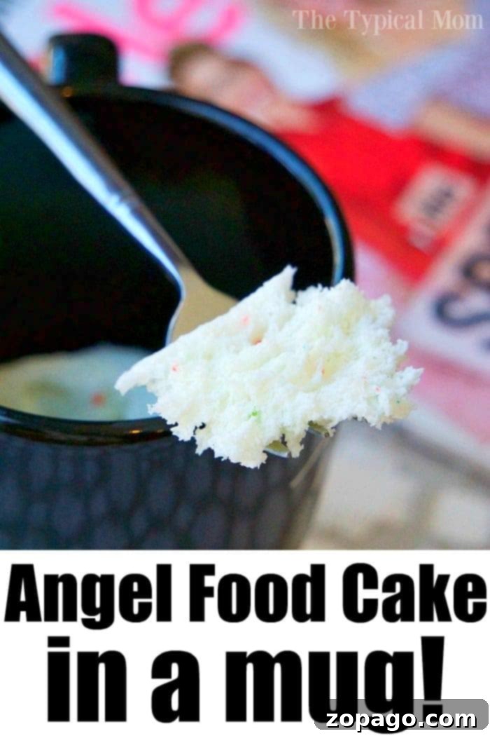Angel Food Cake in a Mug recipe: a delicious, fat-free dessert ready in just 1 minute. Perfect for a quick, guilt-free treat! #angelfoodcake #mugcake #mug #cake #easydessert Fluffy Angel Food Cake in a Mug, a quick and easy dessert for one