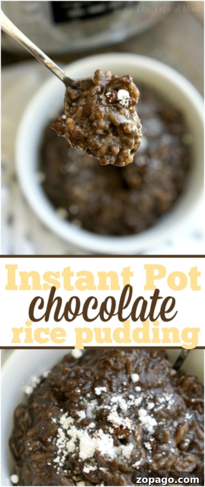Instant Pot chocolate rice pudding is the most amazing pressure cooker dessert you will ever make. It's quick, smooth, and full of chocolate! #instantpotrecipes #instantpot #chocolate #ricepudding #dessert #instantpotrecipes #thetypicalmom A bowl of Instant Pot chocolate rice pudding with a spoon, ready to be eaten.