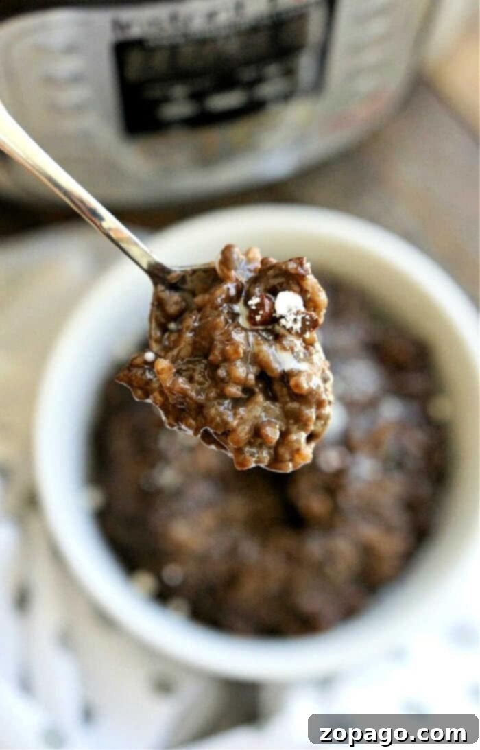 Rich and Creamy Instant Pot Chocolate Rice Pudding 6 Delicious Instant Pot chocolate rice pudding in a serving dish.
