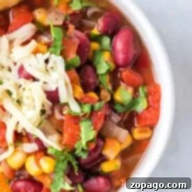 Speedy Instant Pot Taco Soup 4 A bowl of taco soup with kidney beans, corn, tomatoes, and cilantro topped with shredded cheese captures the essence of an easy instant pot taco soup recipe.