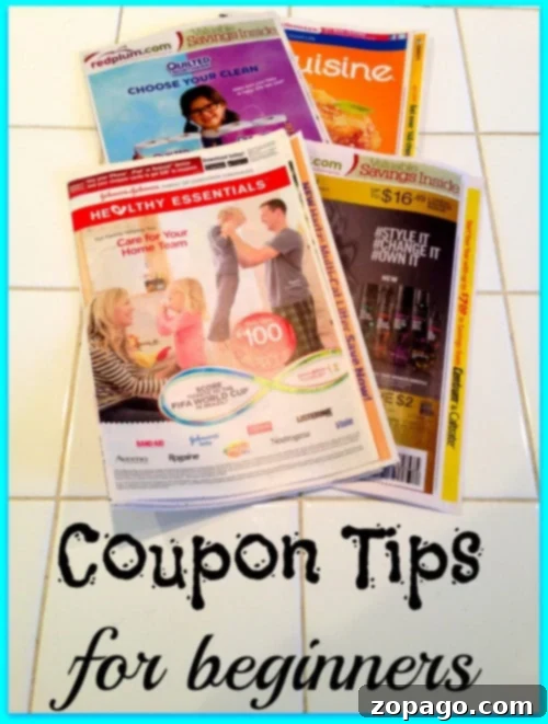 Couponing Made Simple 2 A collection of coupon booklets arranged on a white tiled surface. The booklets feature titles like Redplum, Cuisine, and Healthy Essentials, offering various savings and promotional deals. Below the image, the text reads
