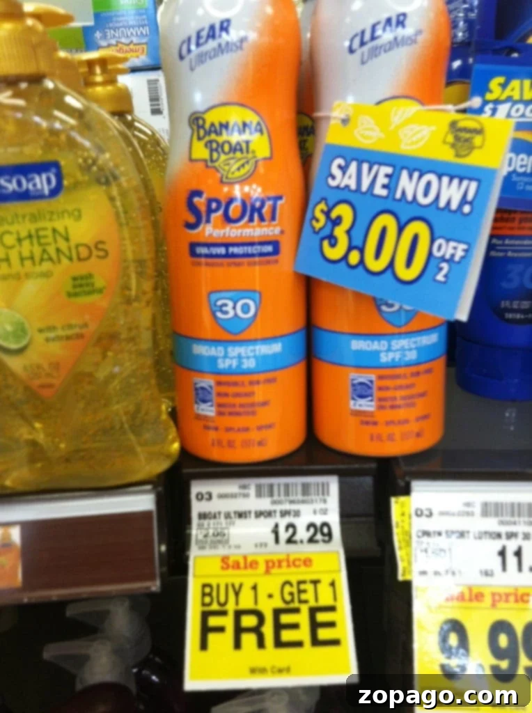 Couponing Made Simple 3 A store shelf displays Banana Boat Sport Performance sunscreen with SPF 30 in orange and blue bottles. A sign labels a deal: