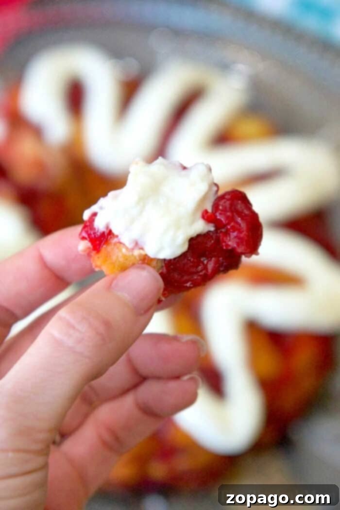 This cherry cheesecake monkey bread is incredibly easy to make with refrigerated biscuits and boasts an amazing flavor profile. It's the perfect treat for breakfast or dessert, offering a simple bundt cake solution for any gathering. Customize your monkey bread at home using your favorite pie filling, such as luscious cherry or vibrant blueberry! #monkeybread #cherrycheesecakemonkeybread #cinnamonrollmonkeybread #easyrecipe #quickdessert #breakfastbundt #fruitfilled #homemade #bundtcake #refrigeratedbiscuits A hand holding a delightful piece of cherry cheesecake monkey bread, the pastry topped with whipped cream and vibrant red jam.