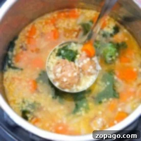 Effortless Instant Pot Italian Wedding Soup 5 Ladle serving Italian wedding soup with meatballs, carrots, spinach, and pasta from an Instant Pot.