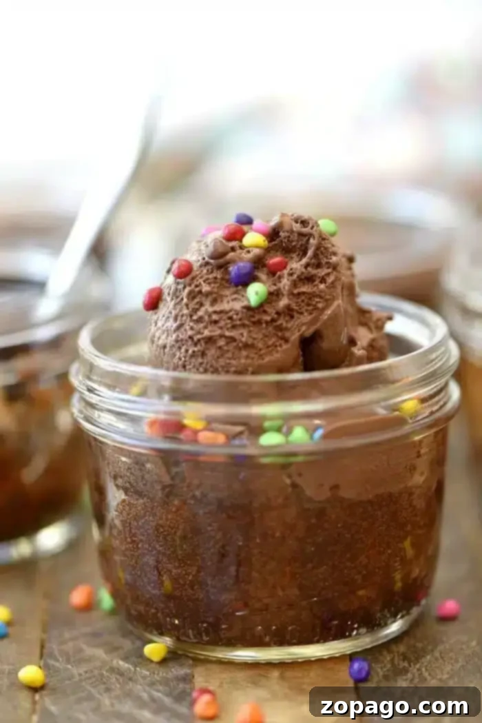 You have got to try these 4 ingredient peanut butter filled cupcakes in a jar!! They are ooey and gooey topped with chocolate gelato and are a little jar full of Heaven. Served in mini mason jar they're a fun dessert for one that everyone will rave over and ask you for the recipe. #masonjar #dessert #cupcakes #inajar #birthday #peanutbutter Cupcake in a jar topped with rich chocolate gelato and colorful sprinkles, ready to be enjoyed as a fun dessert