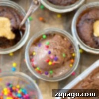 Copycat wicked good cupcakes feature chocolate desserts layered with peanut butter, multicolored sprinkles, and ice cream in glass jars on a rustic wooden table.