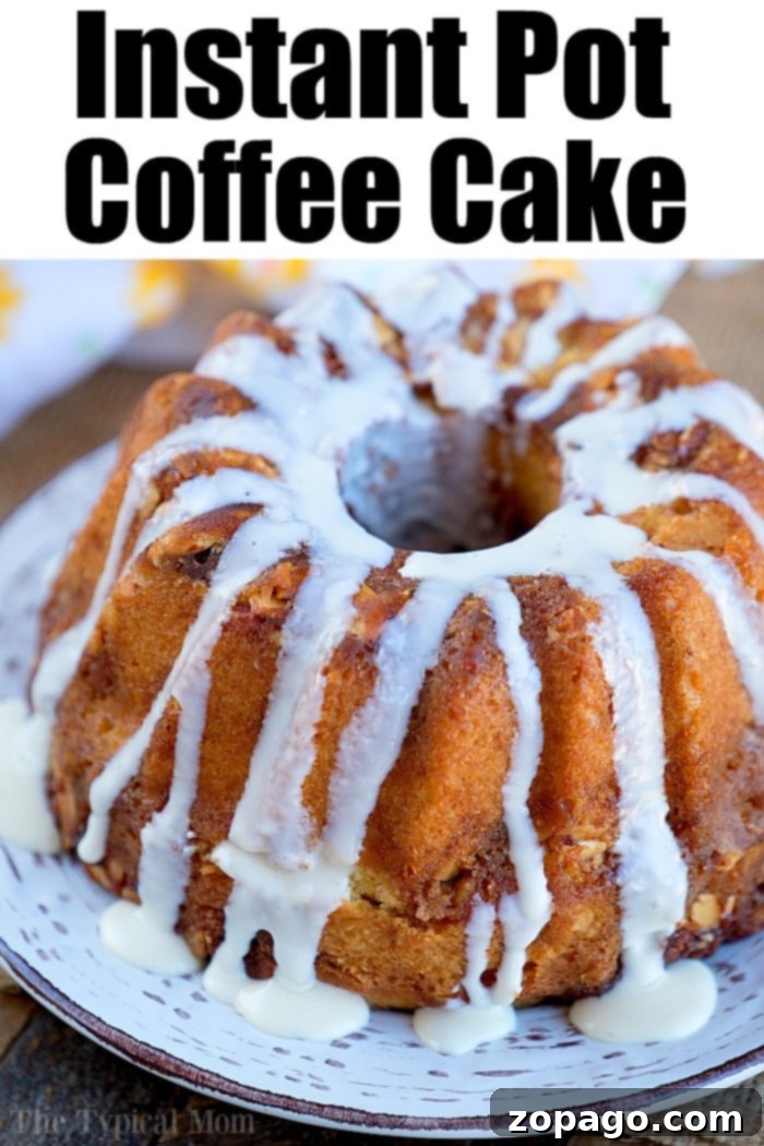 Instant Pot coffee cake is amazing! Bake it in the oven or in your pressure cooker with some coffee for the perfect breakfast. Caramel coffee cake comes out moist with all of the flavors locked in and I love it so I can bake during the summertime and not heat my house up! #coffeecake #instantpot #pressurecooker #breakfast #instantpotrecipes #thetypicalmom #caramel #cake Instant Pot coffee cake in a mini bundt pan before flipping