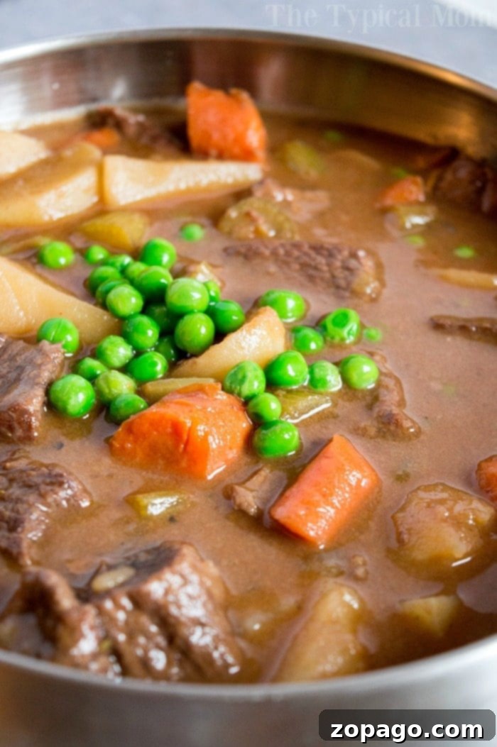 Dutch Oven Stew: A Delicious and Versatile Recipe Close-up of a hearty beef stew cooked to perfection in a Dutch oven, with chunks of beef, carrots, potatoes, and peas swimming in a rich broth.