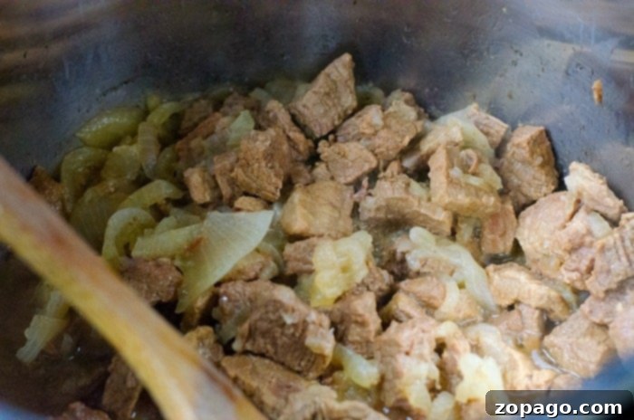 Hearty Dutch Oven Beef Stew 3 Chunks of beef and onions simmering in a pot, gently stirred with a wooden spoon, create the perfect Ninja Foodi stew.