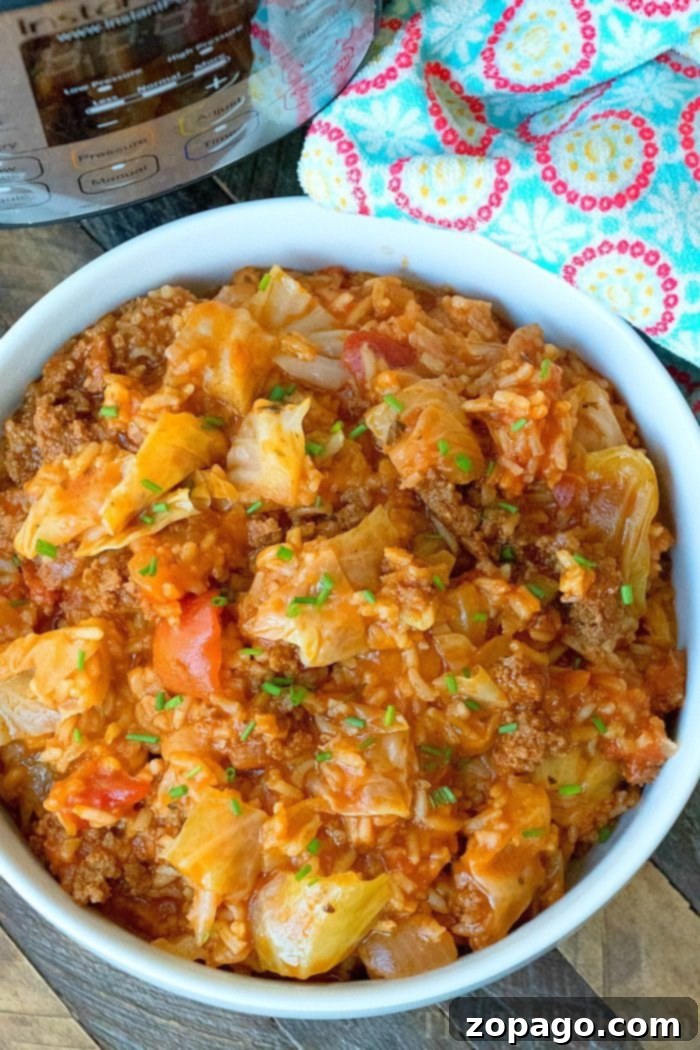 Instant Pot Deconstructed Cabbage Rolls 4 Close-up of a steaming bowl of Instant Pot unstuffed cabbage casserole, highlighting the rich tomato sauce, ground beef, and soft rice, ready to be served as a comforting meal.
