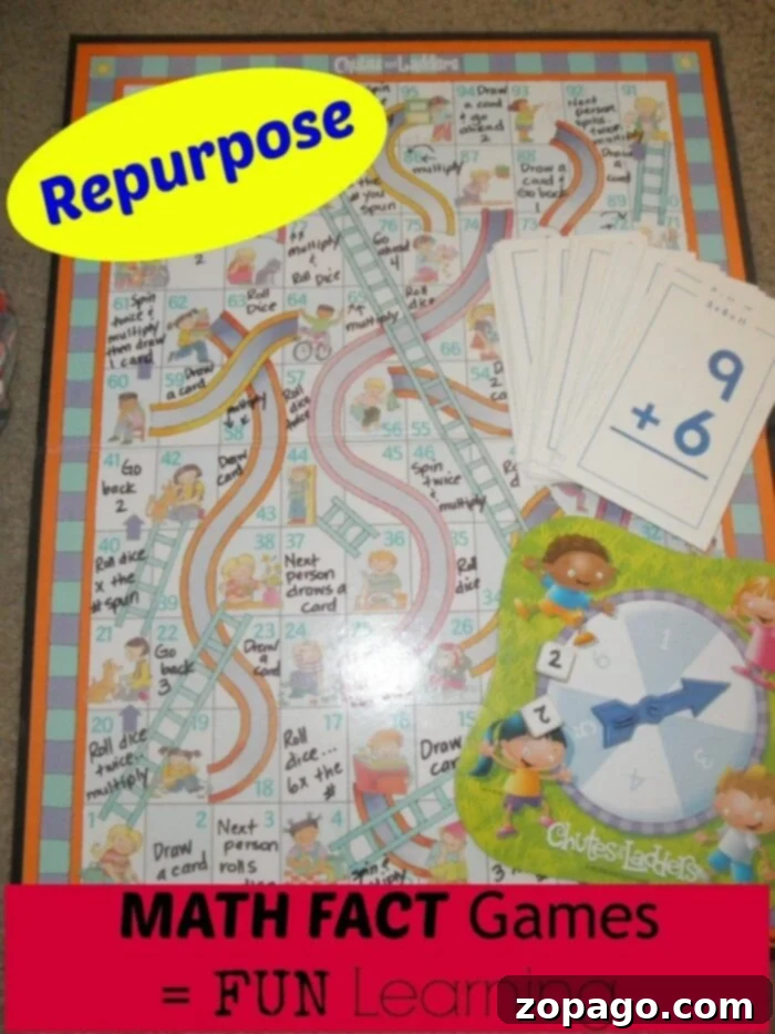 Learn to make your own engaging spelling and math fact games at home. Easy to create, inexpensive, and a fun way to practice math facts. Repurpose old games for addition or multiplication practice, suitable for all ages. DIY math fact game board created from an old board game, with flashcards and dice