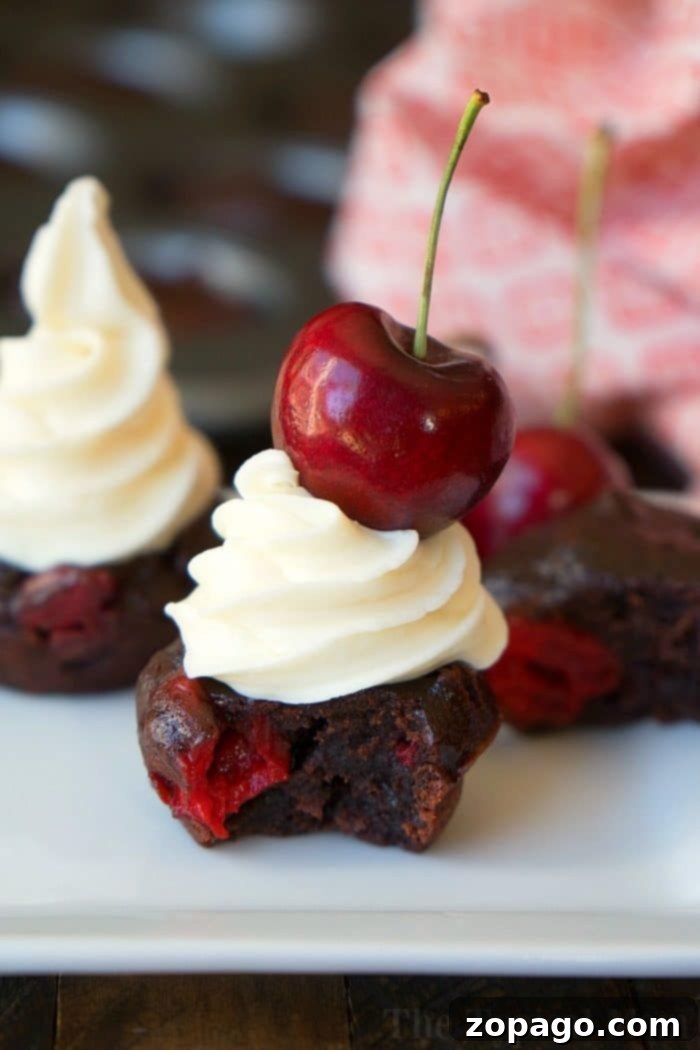 Decadent Cherry Fudge Brownies 2 Delicious chocolate cherry brownie with white frosting, crowned by a fresh cherry, resting elegantly on a plate. Nearby, several mini cherry brownies are artfully arranged, showcasing their rich, chocolatey texture interspersed with vibrant cherries.
