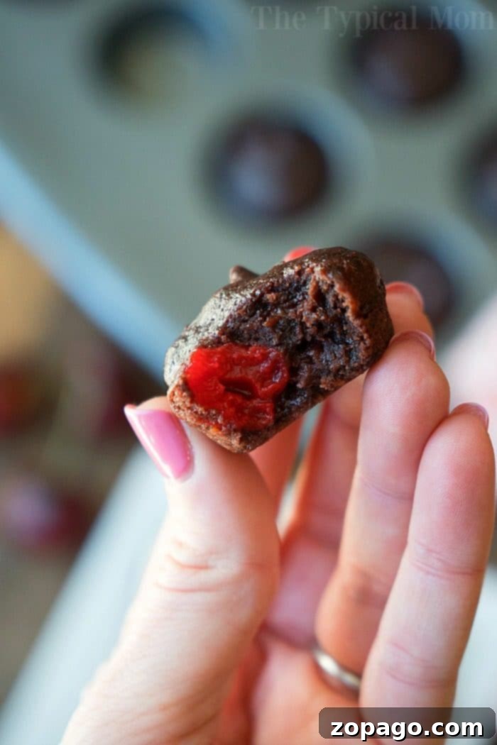 Decadent Cherry Fudge Brownies 5 A close-up shot of a hand holding a small chocolate dessert with a bite taken out, clearly showing a bright red cherry filling inside. In the blurred background, a muffin tray filled with more of these delicious cherry brownies suggests a fresh batch has just been made.