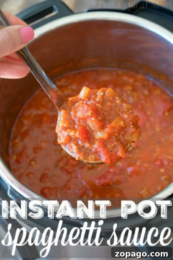 Homemade Instant Pot spaghetti sauce recipe! All you need are a few cans of this and a roll of that to make the most flavorful sauce ever. I literally threw this together in 10 minutes and 20 minutes later it was done. Way better than any jarred sauce. #instantpotrecipes #instantpot #pressurecooker #homemade #spaghetti #sauce #thetypicalmom Instant Pot Spaghetti Sauce 2