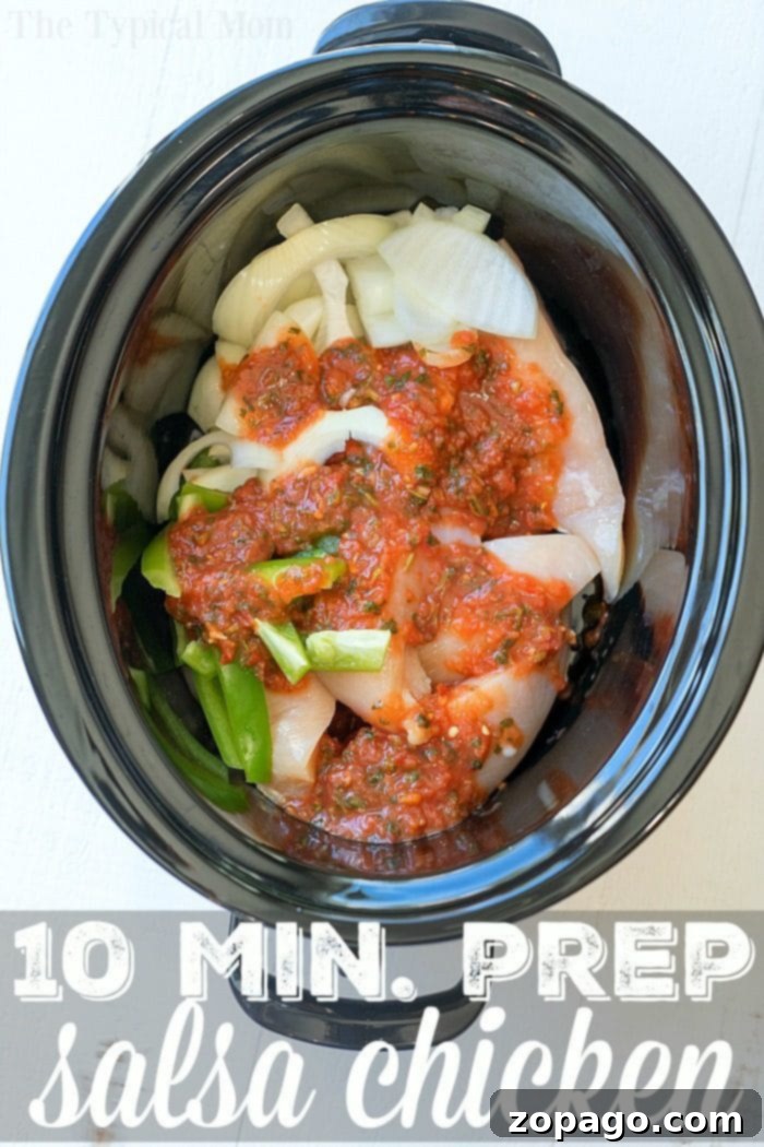 Salsa chicken crockpot recipe that only requires a few ingredients and is a healthy slow cooker dinner for sure! Shred it and make tacos or serve it on top of rice for a delicious meal packed with vegetables. If you need an easy family friendly dinner that is inexpensive but super flavorful this is it. #crockpot #slowcooker #salsachicken #chicken #healthy #salsa #crockpotrecipes #thetypicalmom easy 10 Min. Prep Salsa Chicken with this effortless crockpot recipe, featuring tender chicken, onions, peppers, and zesty salsa.