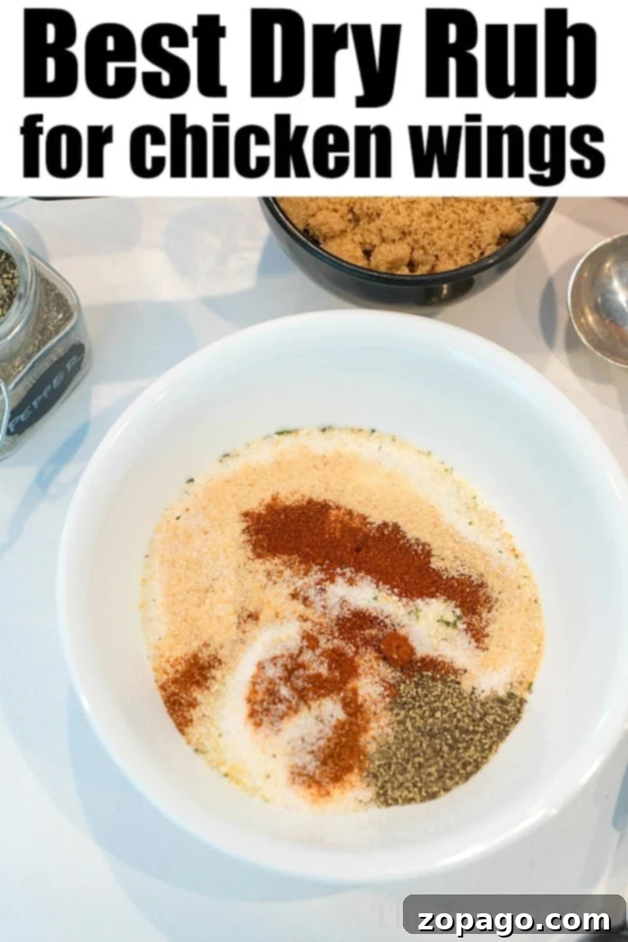 Dry rub for chicken wings!! #wings #chickenwings #dryrub A white bowl brimming with spices for a dry rub, including brown sugar, paprika, and black pepper. Nearby sit a jar and bowl with similar ingredients. The text at the top reads, "Best Dry Rub for chicken wings," perfect for your next air fryer wings recipe.