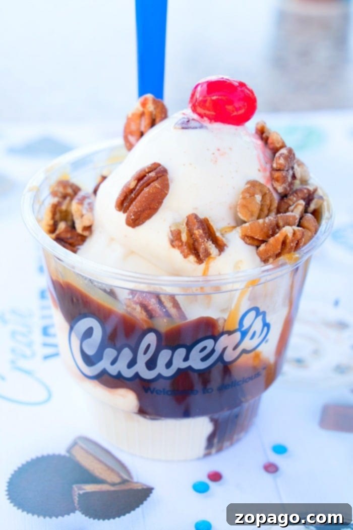 Indulging in a classic vanilla frozen custard sundae with hot fudge and nuts. culvers ice cream