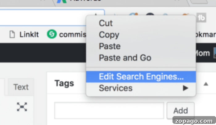 Secrets to Scoring Free Flights 2 A drop-down menu with options: Cut, Copy, Paste, Paste and Go, Edit Search Engines (highlighted), Services—like unlocking the secret to free airline tickets at your fingertips.