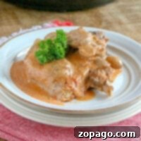 Perfectly Tender Pressure Cooker Pork Chops 3 Plate with pressure cooker pork chops in creamy sauce, garnished with parsley, on a red-patterned cloth.