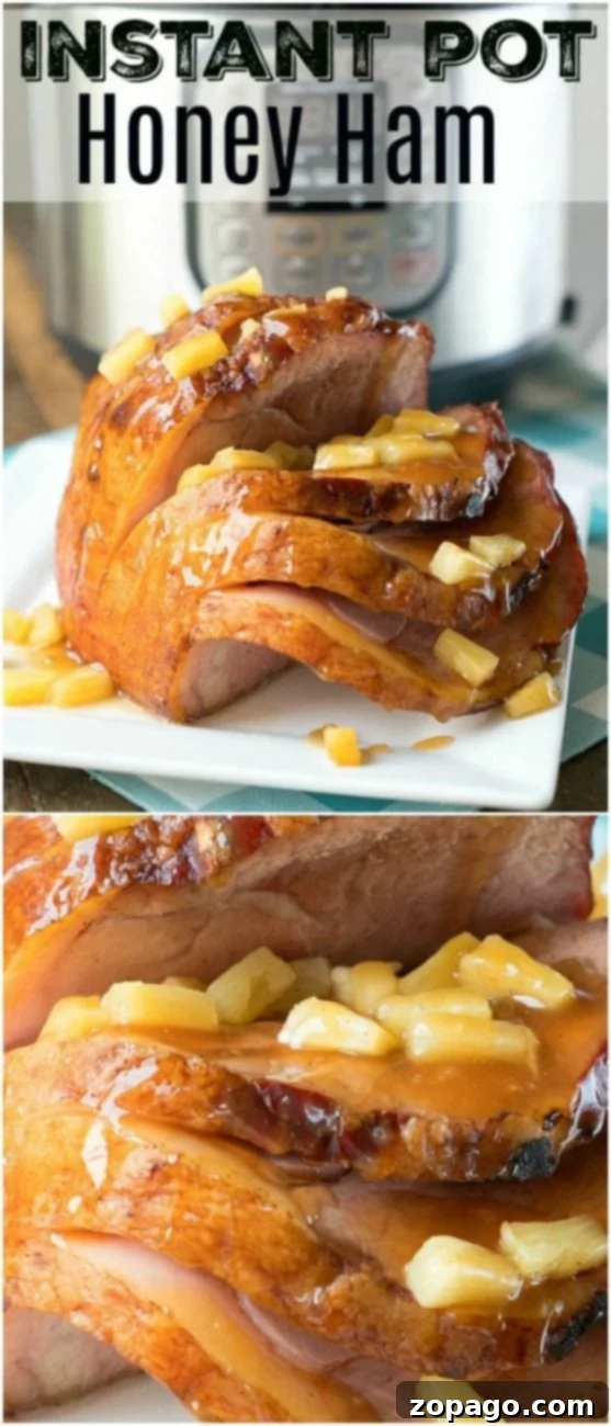BEST Instant Pot ham done in just 20 minutes! If you want an easy honey ham recipe you've gotta' try it in your pressure cooker. #instantpot #ham #honey #pressurecooker #instantpotrecipes #thetypicalmom #ninjafoodi #glaze Sliced honey-glazed ham with pineapple pieces sits enticingly on a plate, ready to showcase its savory perfection straight from the Instant Pot.
