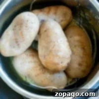 Four brown potatoes nestled on a metal rack in the pressure cooker, transforming into perfectly baked potatoes.