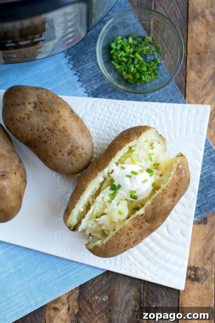These pressure cooker baked potatoes and stuffed chicken are a great duo! Instant Pot dinner success again. #pressurecooker #instantpot #bakedpotatoes #potatoes #sidedish #instantpotrecipes #thetypicalmom Close-up of fluffy pressure cooker potatoes, ready for toppings
