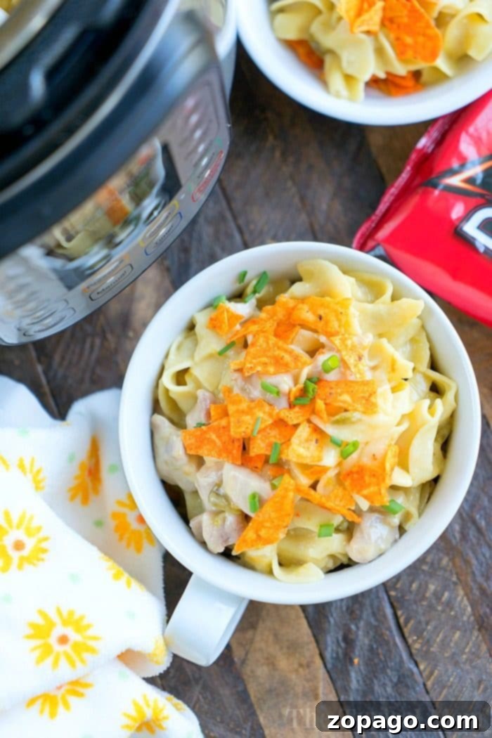 Cheesy Instant Pot Dorito Casserole 6 A serving of easy Dorito Casserole recipe with crushed chips on top, ready to eat.