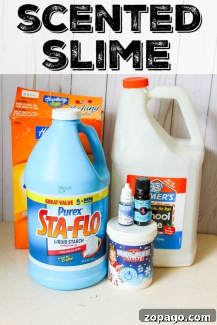 Essential Supplies for Fragrant Slime Making Ingredients for making scented slime including white glue, liquid starch, instant snow, and a bottle of blue cotton candy scent.