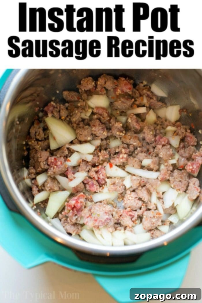 Delicious pressure cooker sausage and cabbage recipe with noodles. Chopped sausage, diced onions, and shredded cabbage are simmering inside an Instant Pot. The image highlights delicious pressure cooker sausage recipes you can try at home.