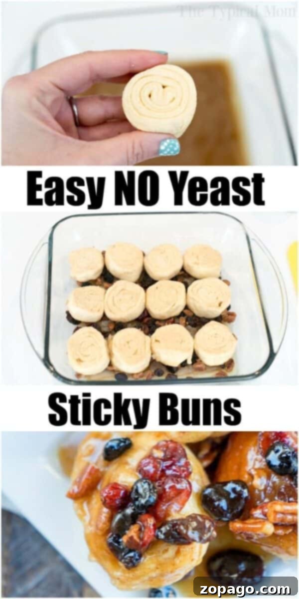 Easy Pecan Sticky Buns: Quick, Homemade-Quality Breakfast with Crescent Rolls A sequence of images showing the preparation of easy pecan sticky buns using crescent rolls. The first shows raw rolled dough, the second displays pastries arranged in a baking dish with a sticky mixture, and the final image presents the baked buns with a glossy, sweet topping.