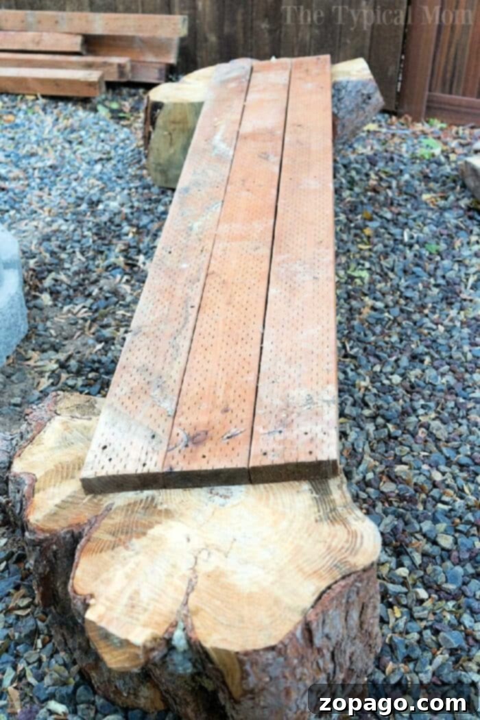 Detailed view of a handmade backyard bench, illustrating the simple construction with repurposed wood. Close-up of a finished DIY bench, showcasing the secure attachment of wood to a tree stump leg.