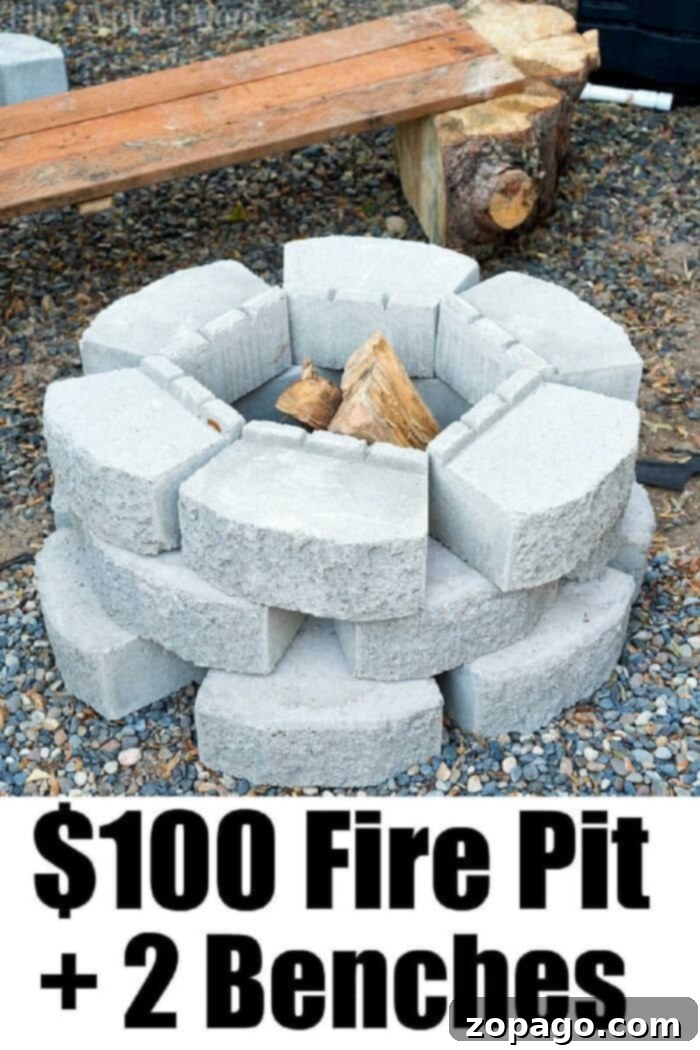 An attractive and functional DIY fire pit and seating area, completed for less than $100. Finished DIY fire pit and benches, demonstrating a successful backyard project under budget.