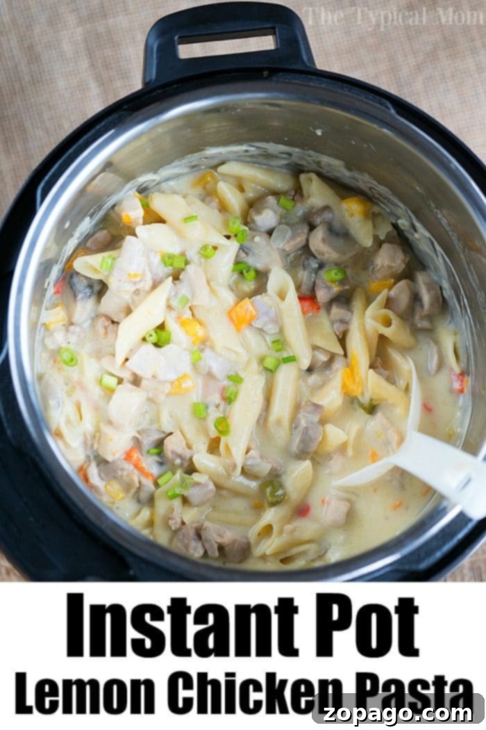 Instant Pot lemon chicken casserole is great! Using chicken thighs, mushrooms, and pasta you too can make this hearty meal for your family tonight. #instantpotrecipes #pressurecooker #casserole #lemonchicken #pasta #thetypicalmom #instantpotrecipeseasy Instant Pot Lemon Chicken Pasta, a delicious one-pot meal