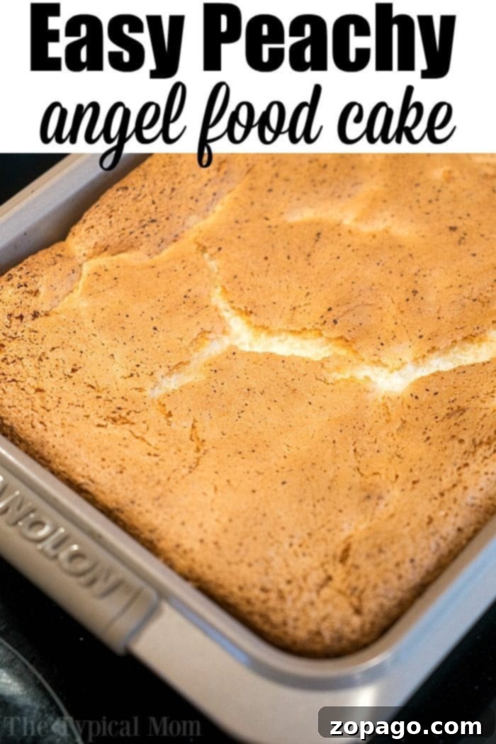 Delicious Peach Angel Food Cake - Your go-to recipe for an easy, fat-free, and flavorful dessert. Two generous slices of peach angel food cake on a white plate, showcasing the fluffy texture and embedded peach pieces. A whole cake in a pan is visible in the background, inviting a second serving.