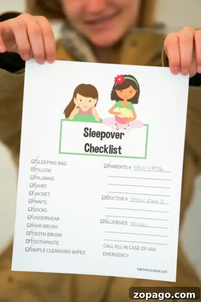 Free sleepover checklist printable you can use so nothing gets forgotten! Send this with your children complete with emergency phone numbers and all. #freeprintables #freeprintable #printable #sleepoverchecklist #sleepover #parenting Checklist for a Sleepover - Preparing kids for a fun and safe night away