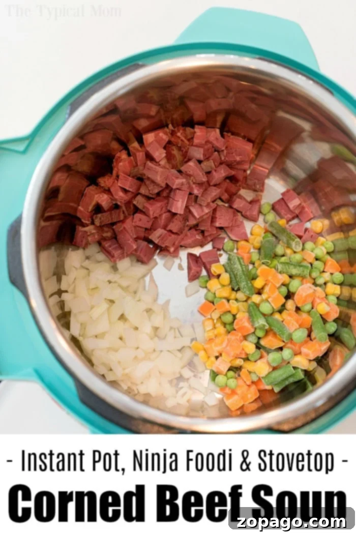Pressure cooker corned beef soup using your leftover corned beef from St. Patricks Day! Make this chowder in your Instant Pot, Ninja Foodi or on your stovetop tonight! #cornedbeef #leftover #cornedbeefandcabbage #instantpotrecipes #instantpot #ninjafoodirecipes #ninjafoodi #chowder #soup #thetypicalmom Corned Beef Soup with Mixed Vegetables