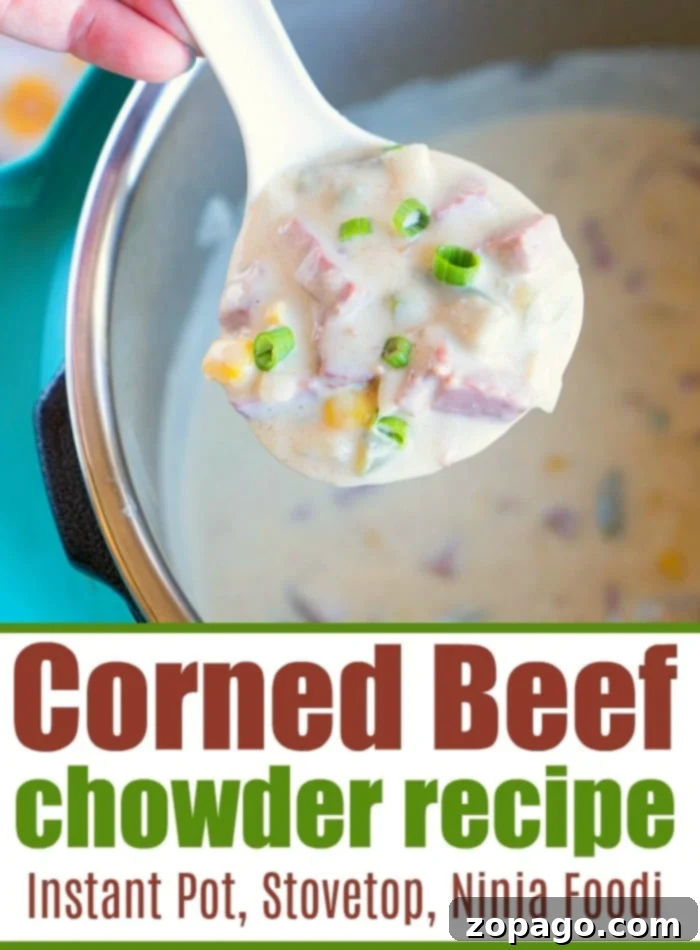 Instant Pot corned beef soup using your leftover corned beef from St. Patricks Day! Make this chowder in your Instant Pot, Ninja Foodi or on your stovetop tonight! #cornedbeef #leftover #cornedbeefandcabbage #instantpotrecipes #instantpot #ninjafoodirecipes #ninjafoodi #chowder #soup #thetypicalmom Close-up of a bowl of creamy leftover corned beef soup